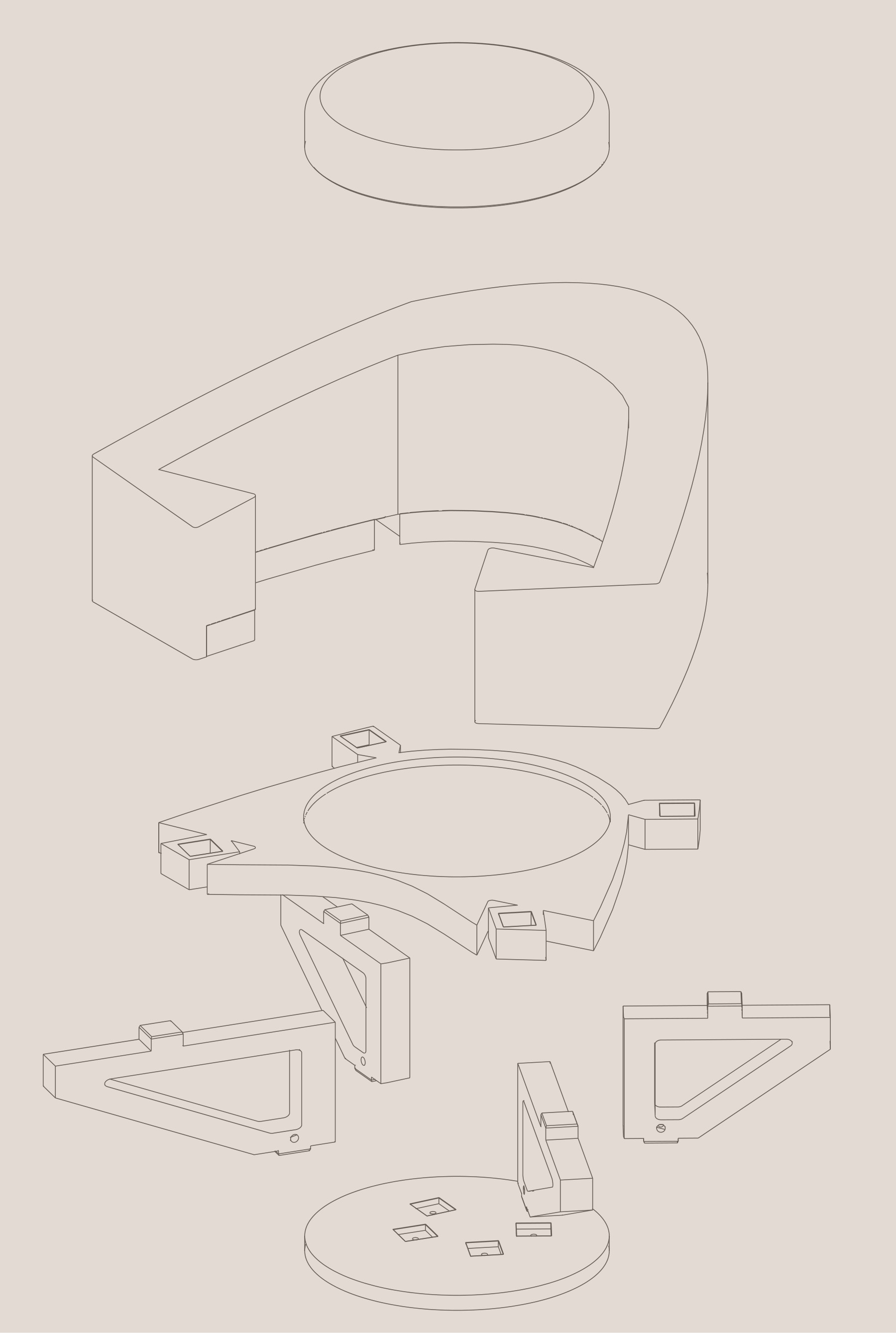 Exploded axonometric line drawing of Foundation Lounge, without dimensions or labels
