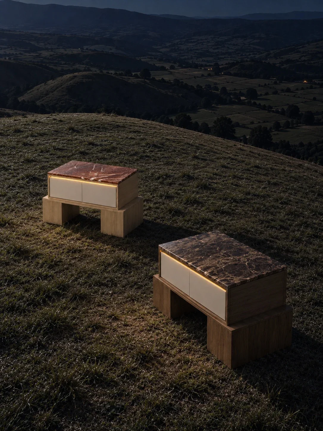 Prominent DARK OAK and Emperador nightstand in the foreground with light oak and Rojo Alicante behind, overlooking a mountain valley.