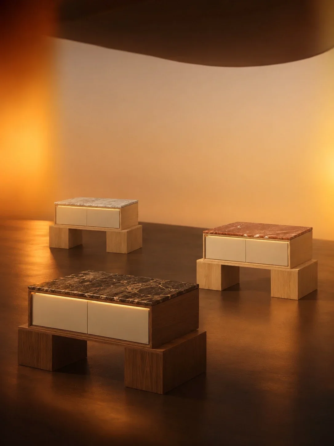 Three stone finishes in a glowing amber architectural set with a sweeping curved ceiling.