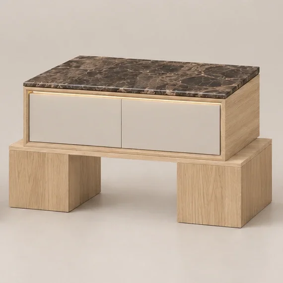 BLOQUE Nightstand in Bleached Light Oak with Emperador marble, three-quarter product view
