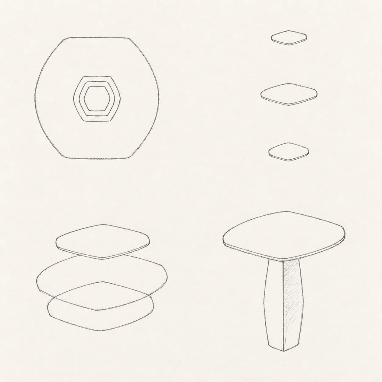TAPER pencil studies of the shaped top, relative scale, and tapered base