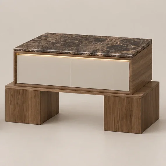 BLOQUE Nightstand in Dark Oak with Emperador marble, three-quarter product view