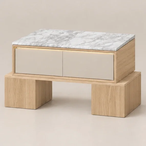BLOQUE Nightstand in Bleached Light Oak with Bianco Carrara marble, three-quarter product view