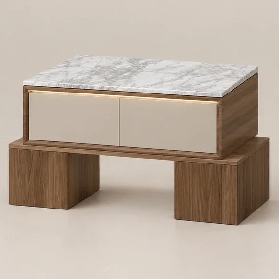 BLOQUE Nightstand in Dark Oak with Bianco Carrara marble, three-quarter product view