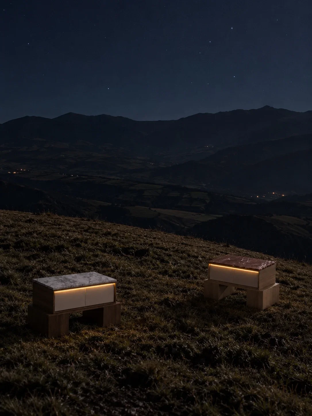 Nightstand pair under a deep-blue mountain sky.