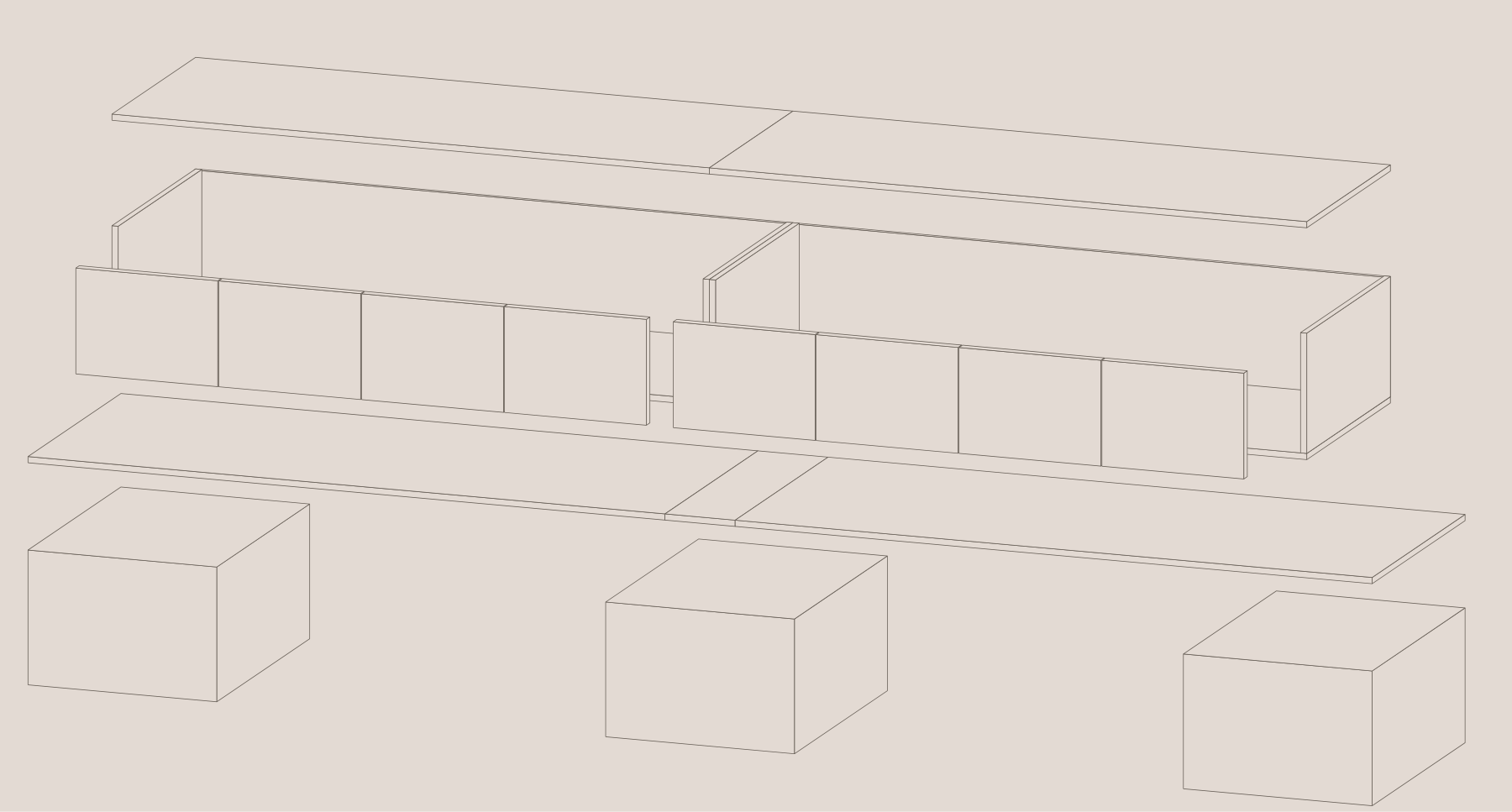 Dimension-free exploded drawing of the BLOQUE credenza, showing its rhythm of horizontal volumes and three bases