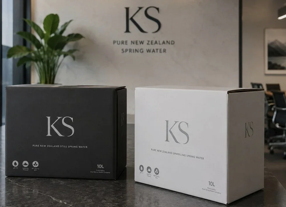 Black and white KS boxed water on shelf in a modern office setting