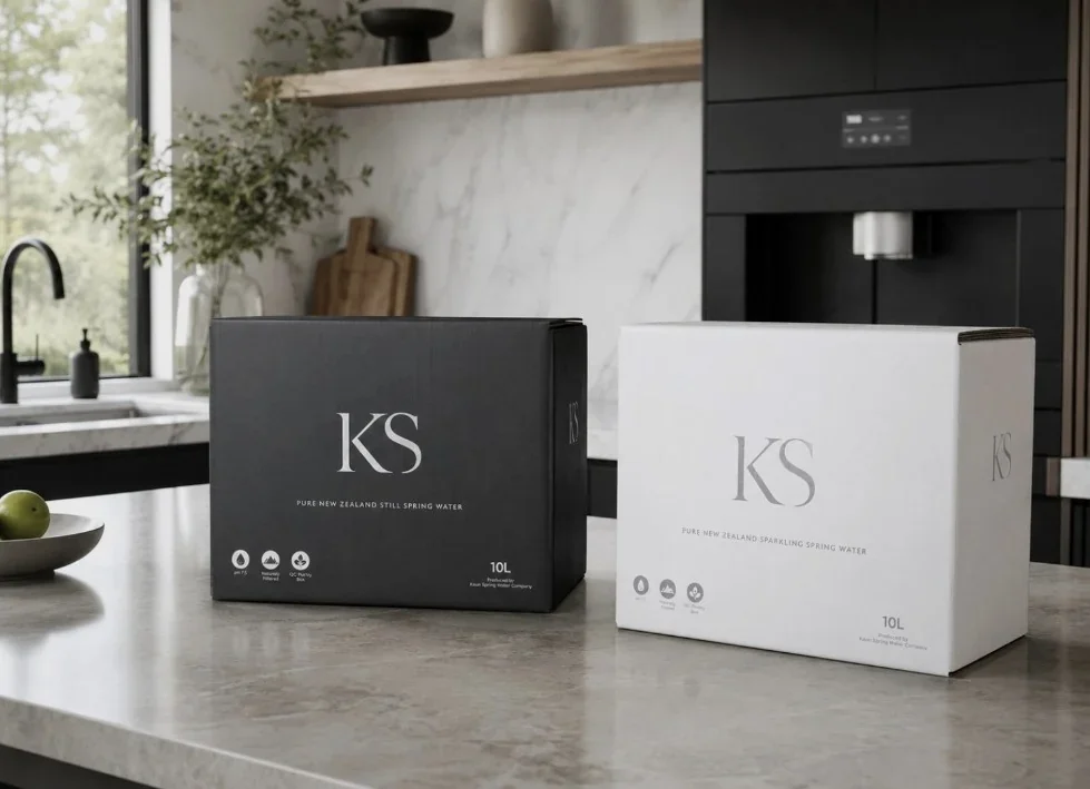 Black and white KS 10-litre boxed water in a modern kitchen