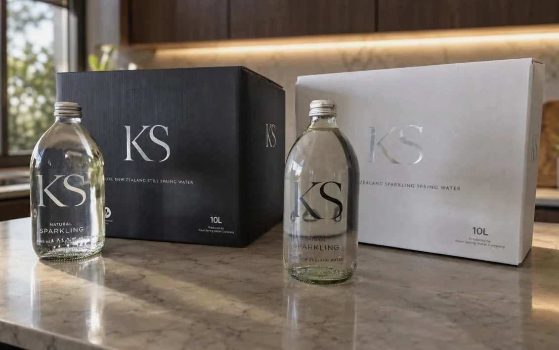 KS boxed water and glass bottle displayed on a premium kitchen surface