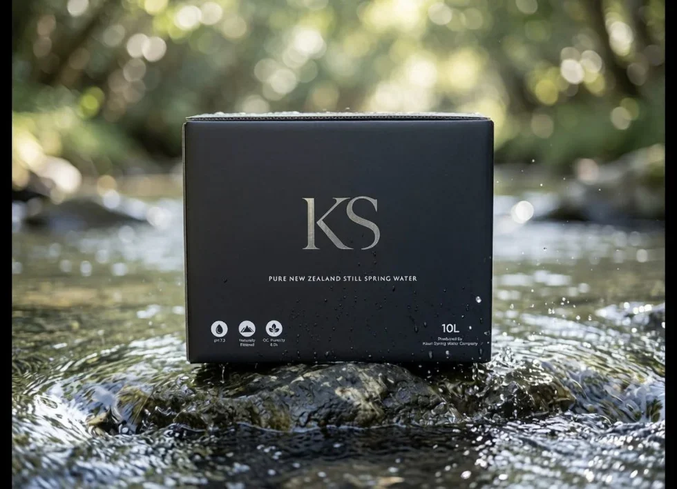 Black KS 10-litre water box beside a natural flowing stream