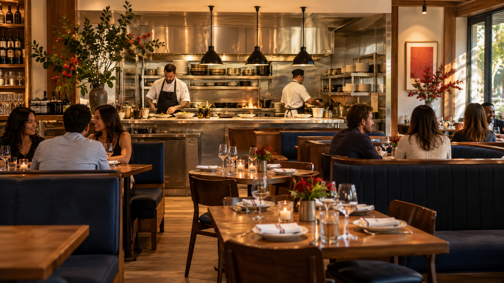 Restaurant dining room with chefs in an open kitchen