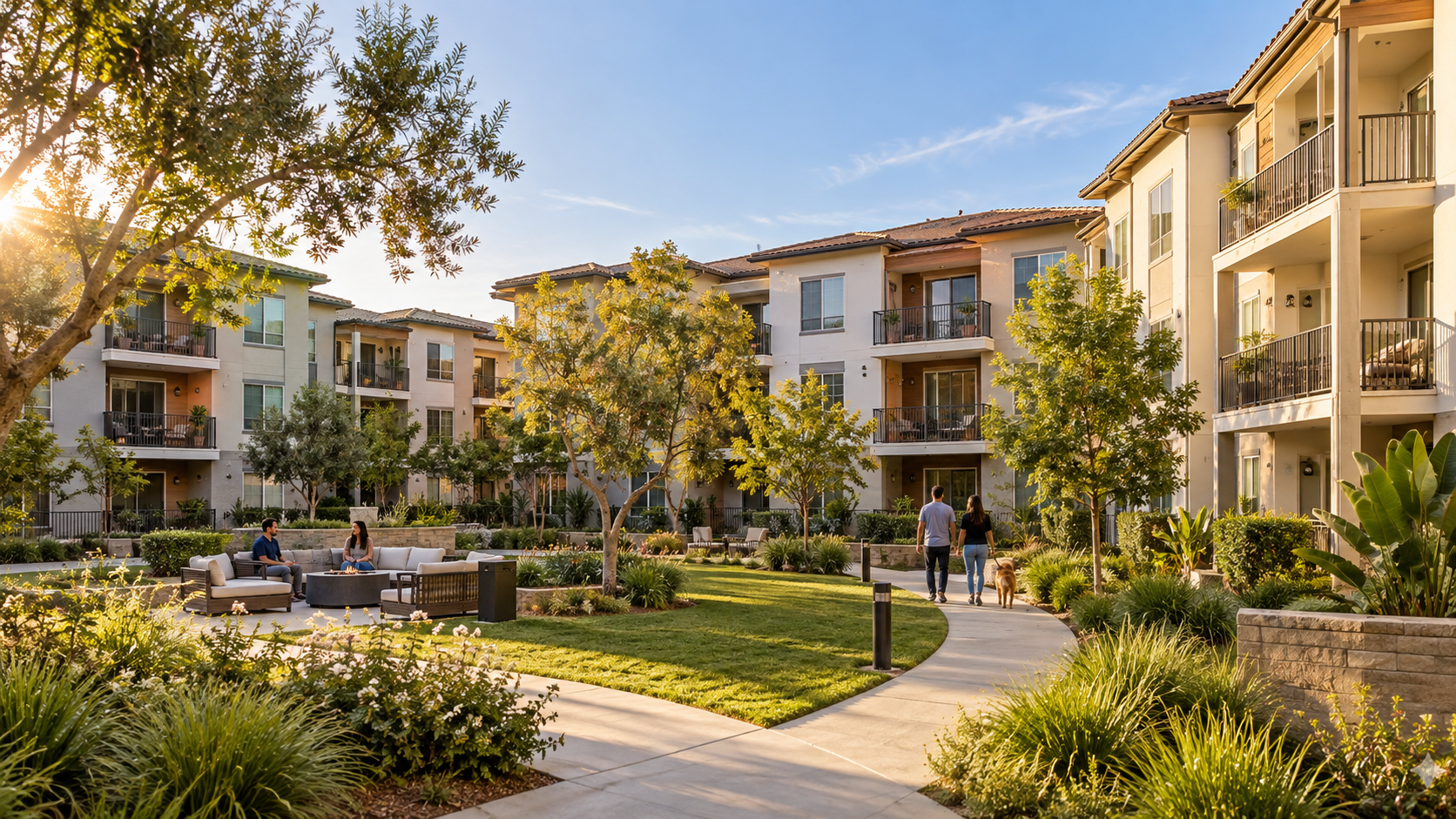 California apartment community with balconies and landscaped courtyard