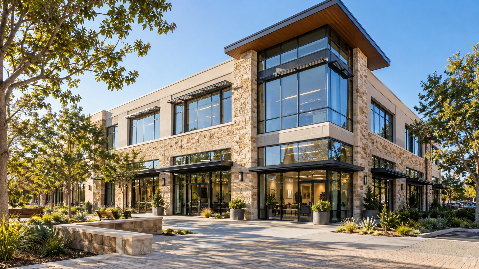 Contemporary commercial building with landscaped entry