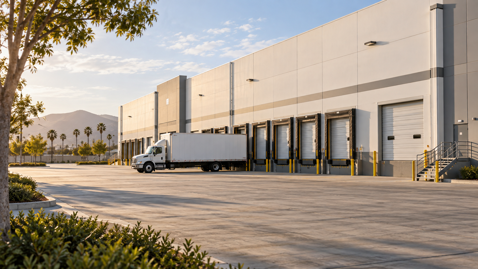 Industrial warehouse with loading docks and delivery truck