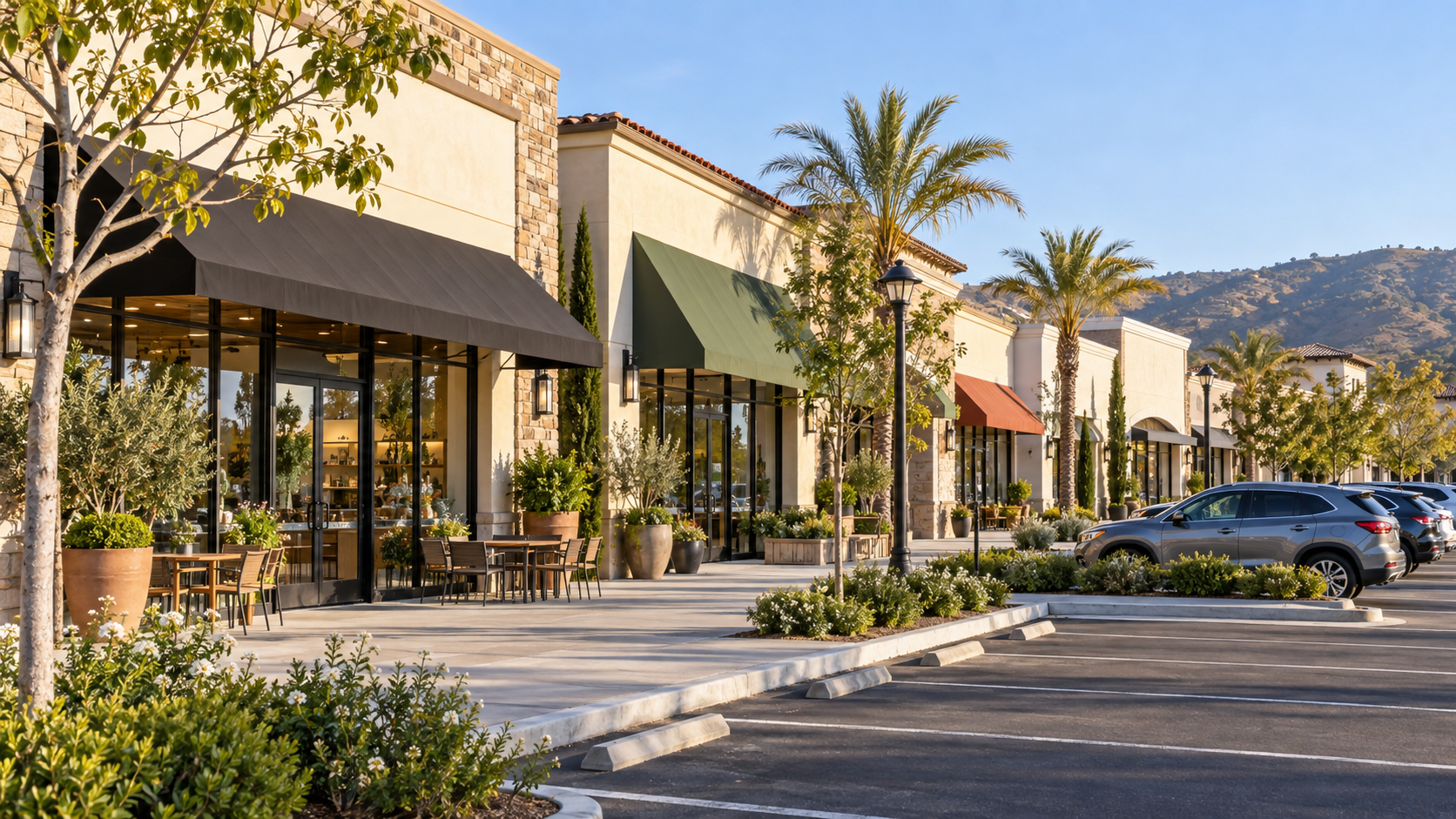 Retail shopping center with storefronts and awnings