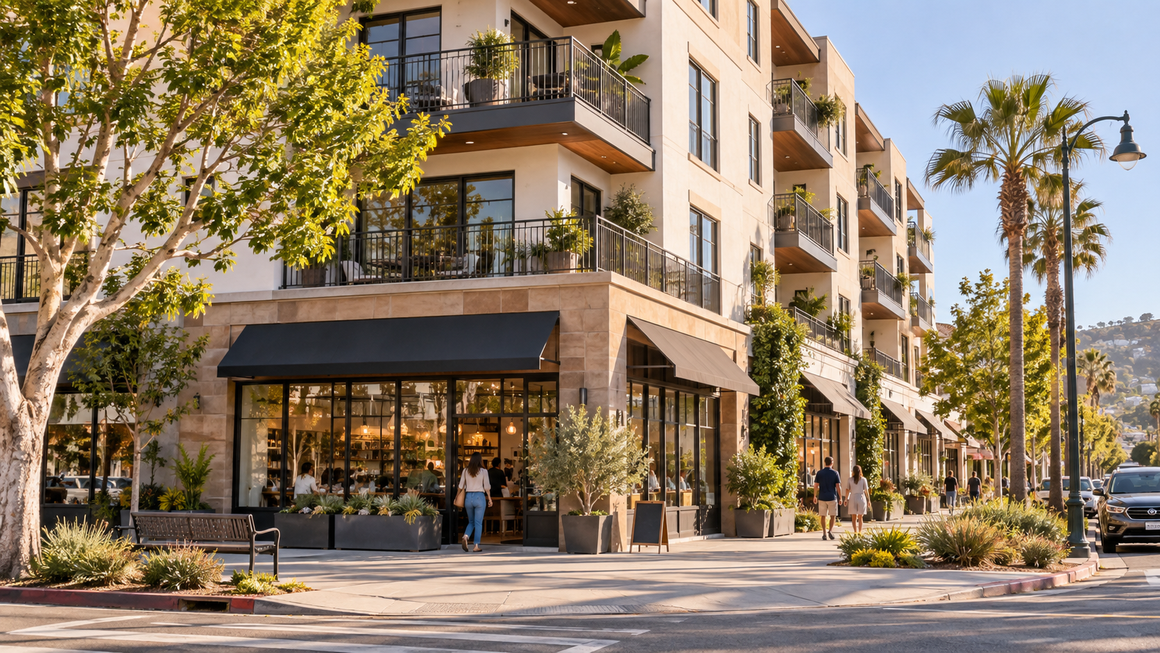 Mixed-use building with ground-floor shops and residential balconies