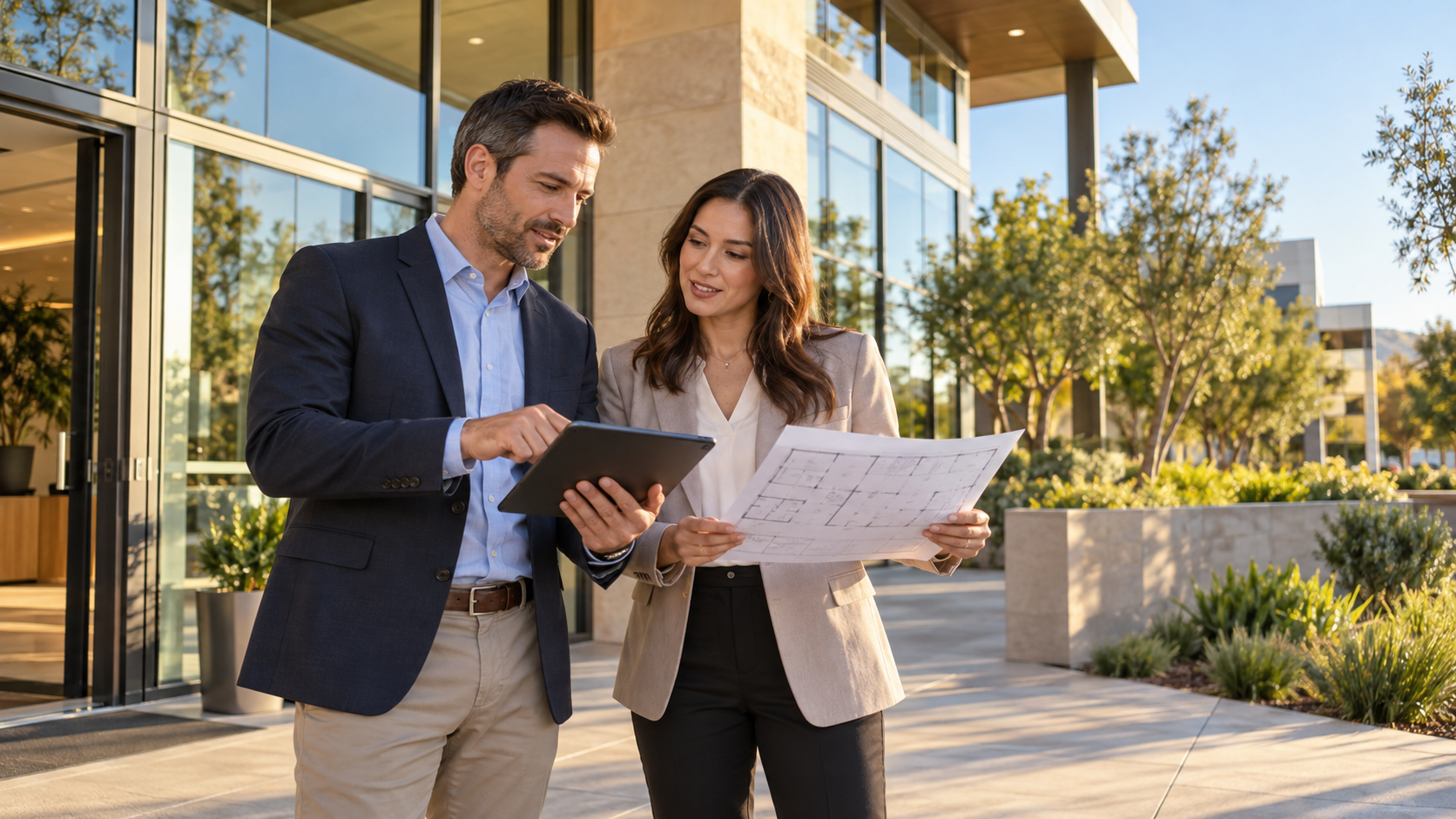 Property managers reviewing a tablet and building plan outside a commercial property