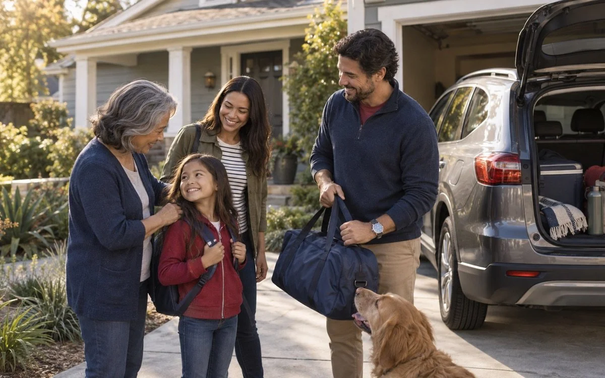 California family outside their home with their car