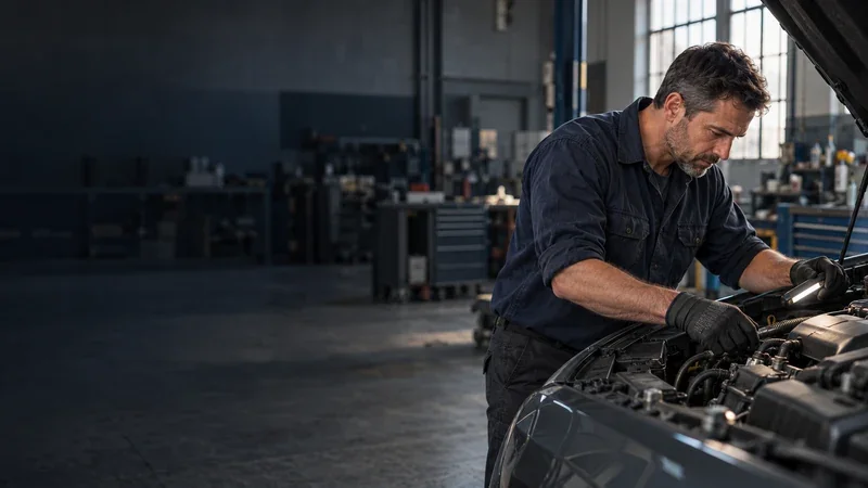An auto mechanic working carefully in an independent repair shop