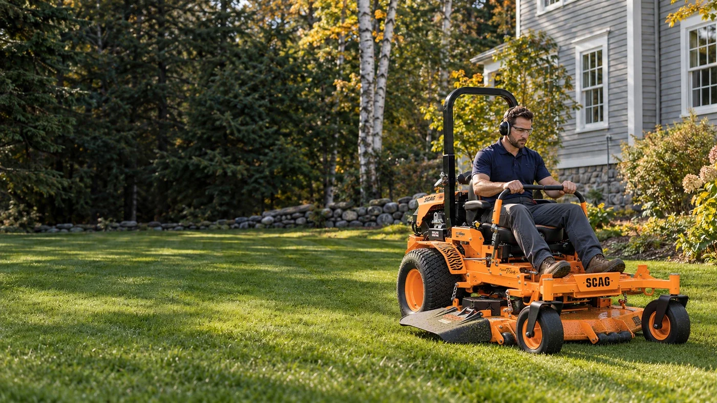 A lawn-care professional operating a zero-turn mower beside a Maine home