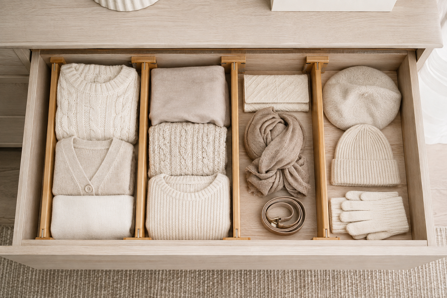 Styled illustration of natural bamboo drawer dividers
