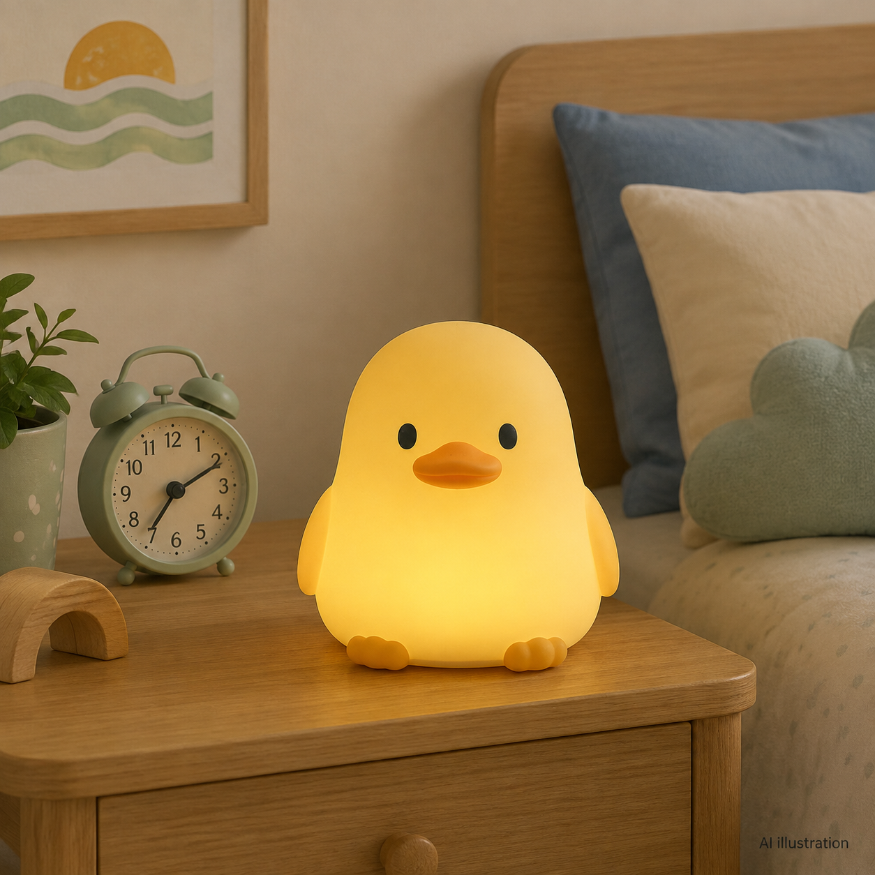 AI styling illustration of Rechargeable duck bedside night light; not actual product photography