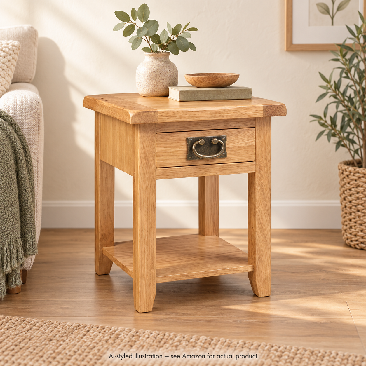 Hallowood Monchique light-oak side table with one drawer, dark metal pull and lower shelf — AI-styled illustration; see Amazon for actual product