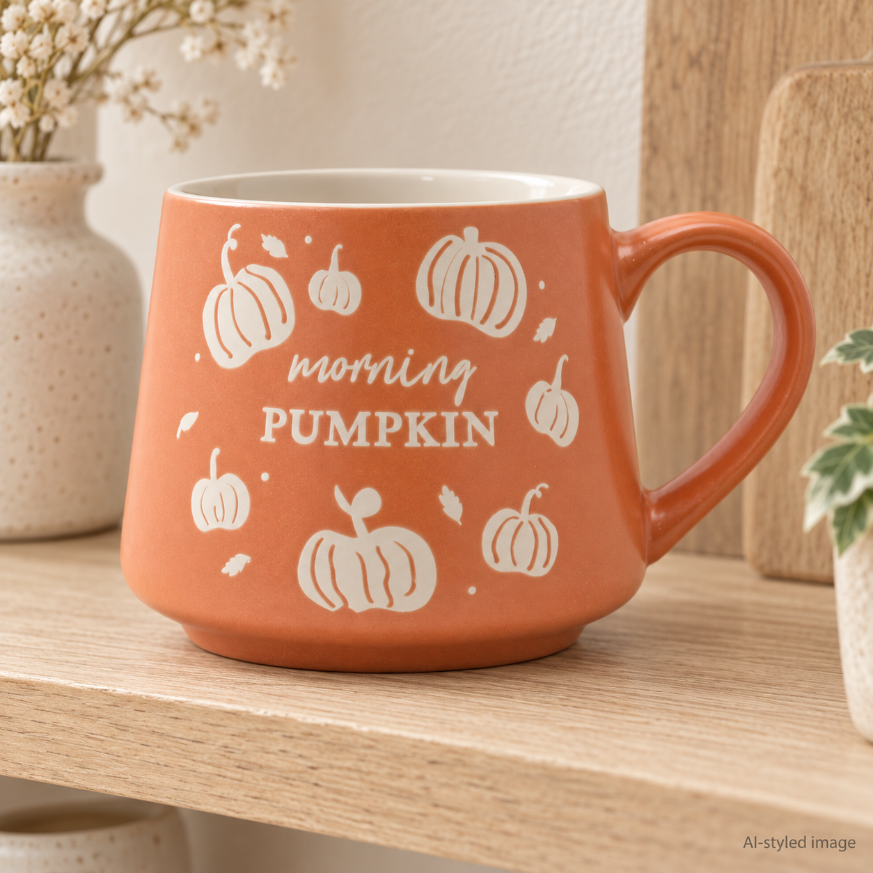 AI-styled illustration of the terracotta-coloured Morning Pumpkin mug with cream interior and printed white pumpkin motifs