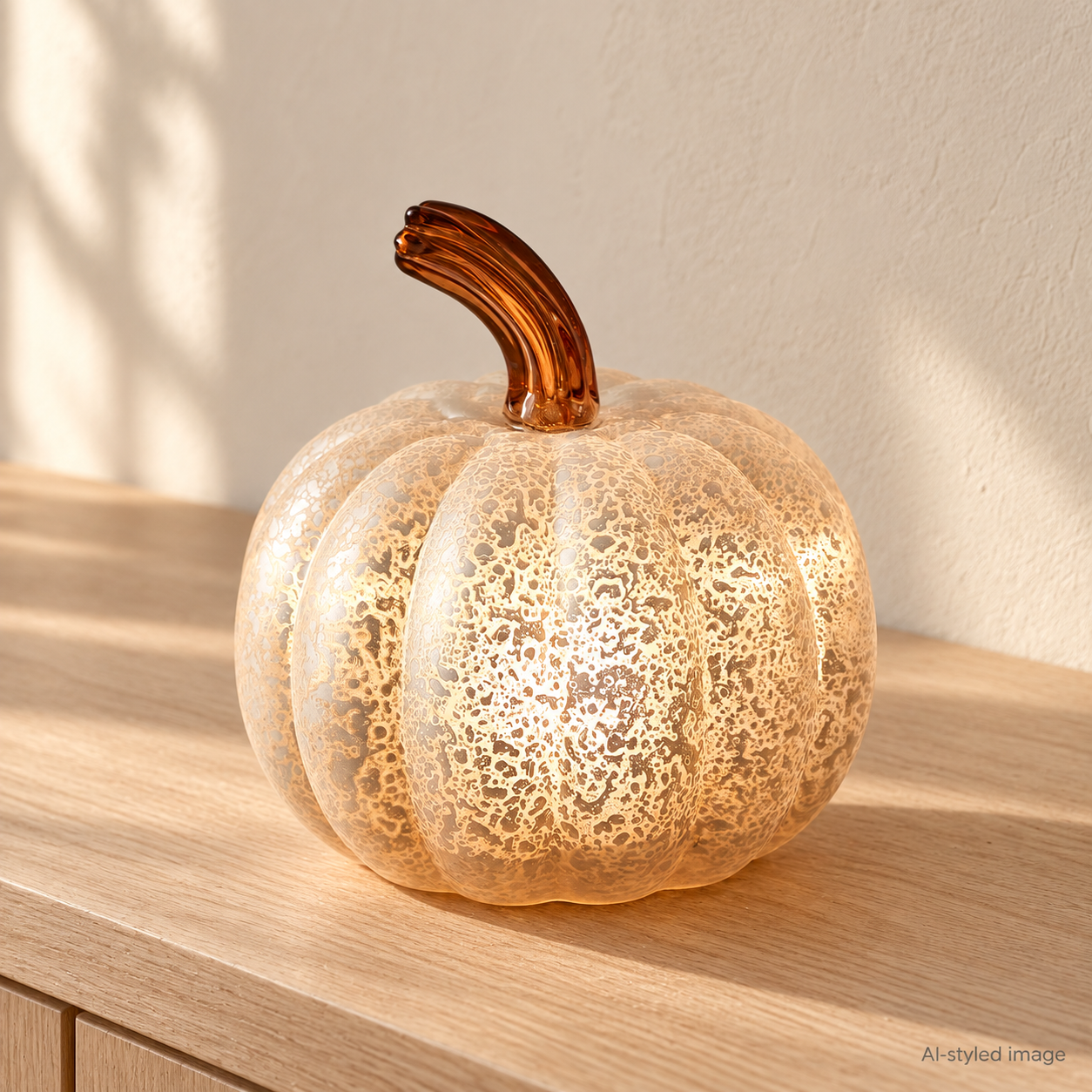AI-styled illustration of the white speckled mercury-glass pumpkin light with a curved amber stalk