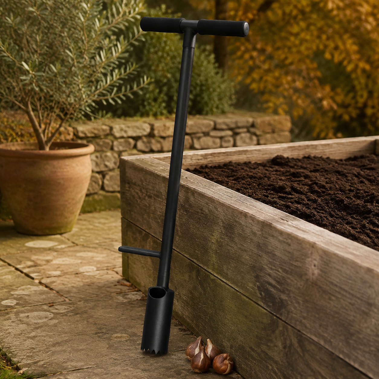 Long handled carbon steel bulb planter with serrated base