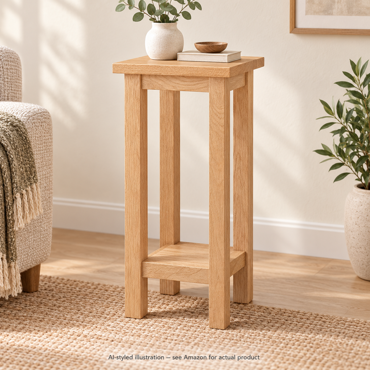 Hallowood Waverly tall oak side table with lower shelf — AI-styled illustration; see Amazon for actual product
