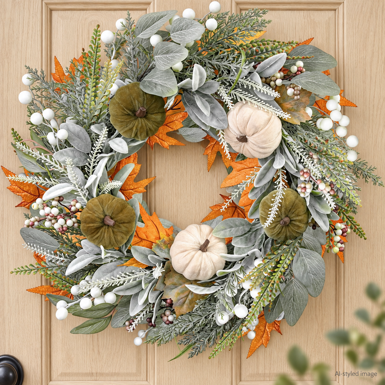 AI-styled illustration of an artificial autumn wreath with frosted green foliage, five muted-green and ivory pumpkins and white berries