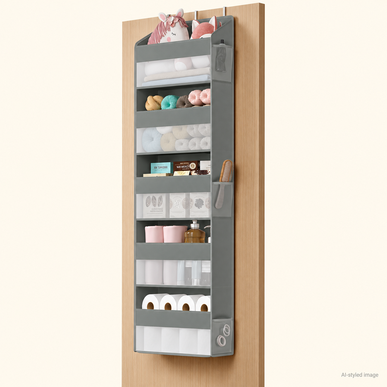 AI-styled illustration of a dove-grey five-bin over-door organiser with clear open fronts and three metal hooks; household contents are not included