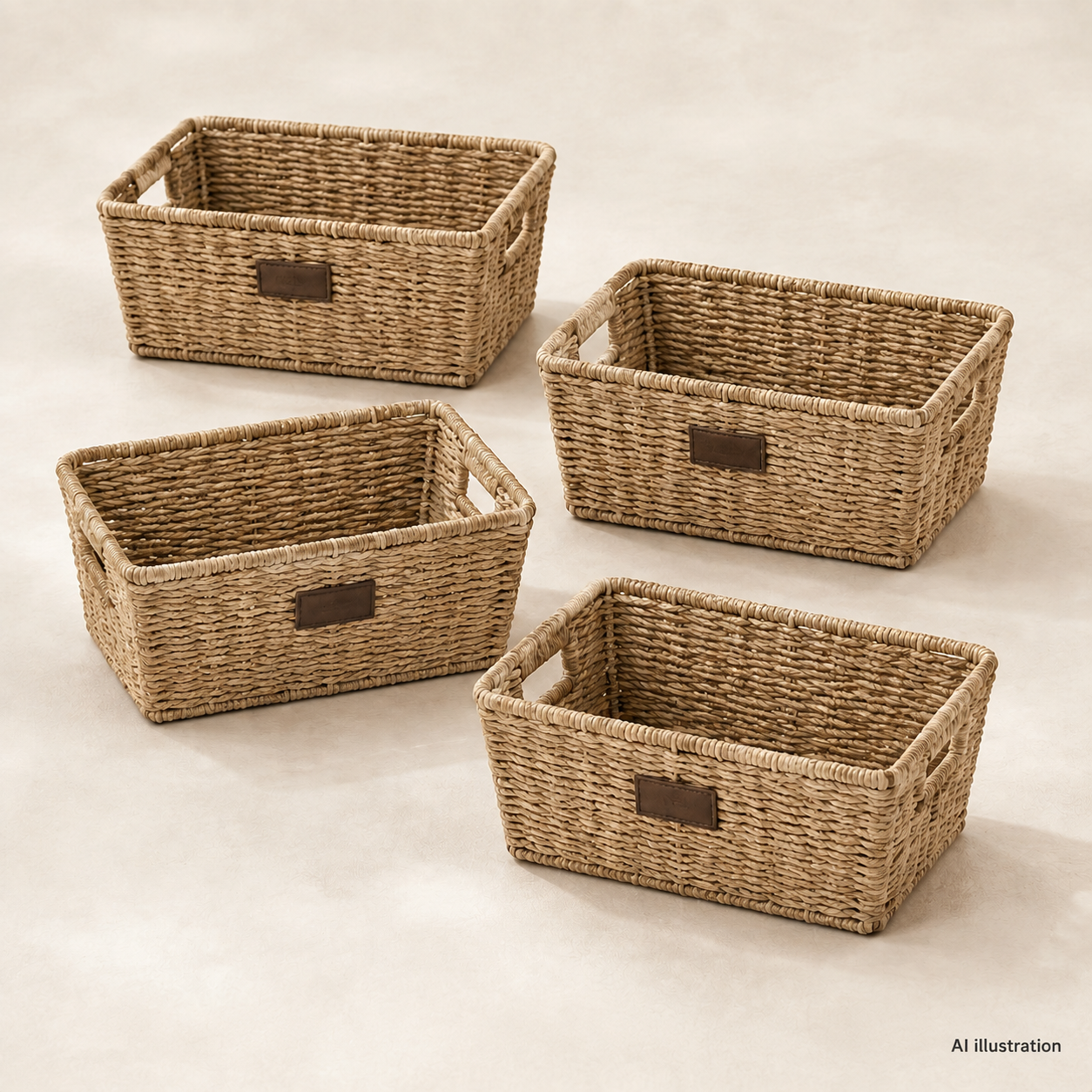 Natural seagrass storage baskets styled in a warm neutral interior