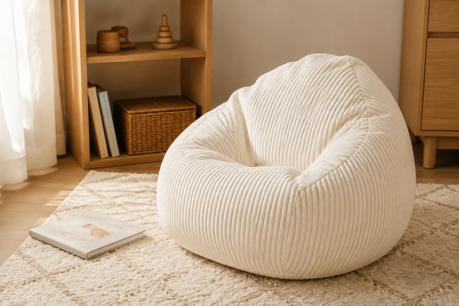 Styled illustration of an ivory corduroy children’s beanbag