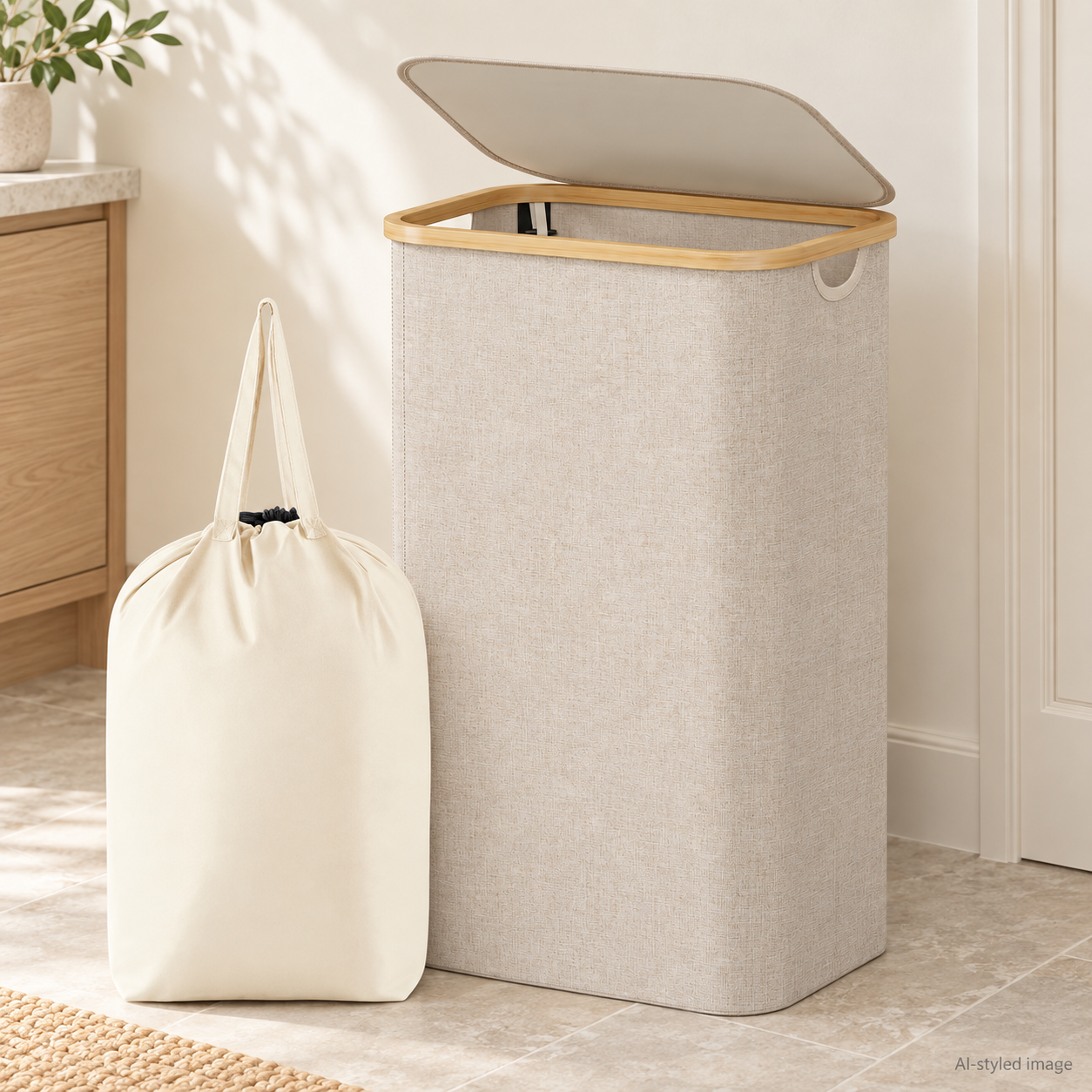 AI styling illustration of Beige lidded laundry basket; not actual product photography