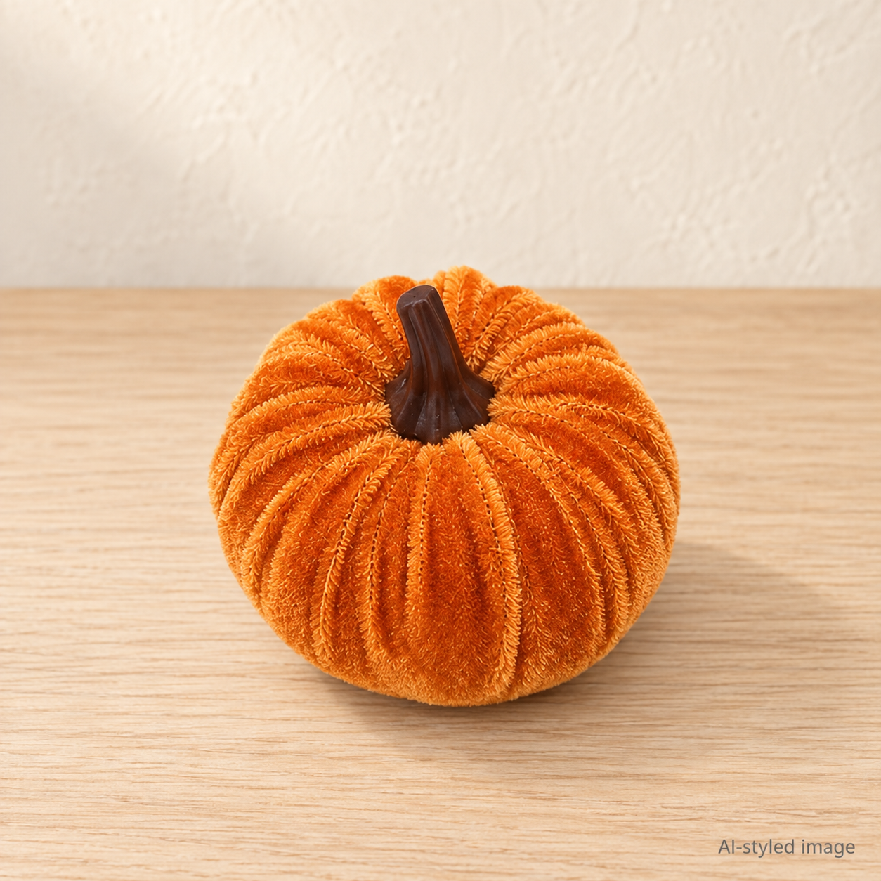 AI-styled detail of one ribbed orange velvet pumpkin from a set listed as ten