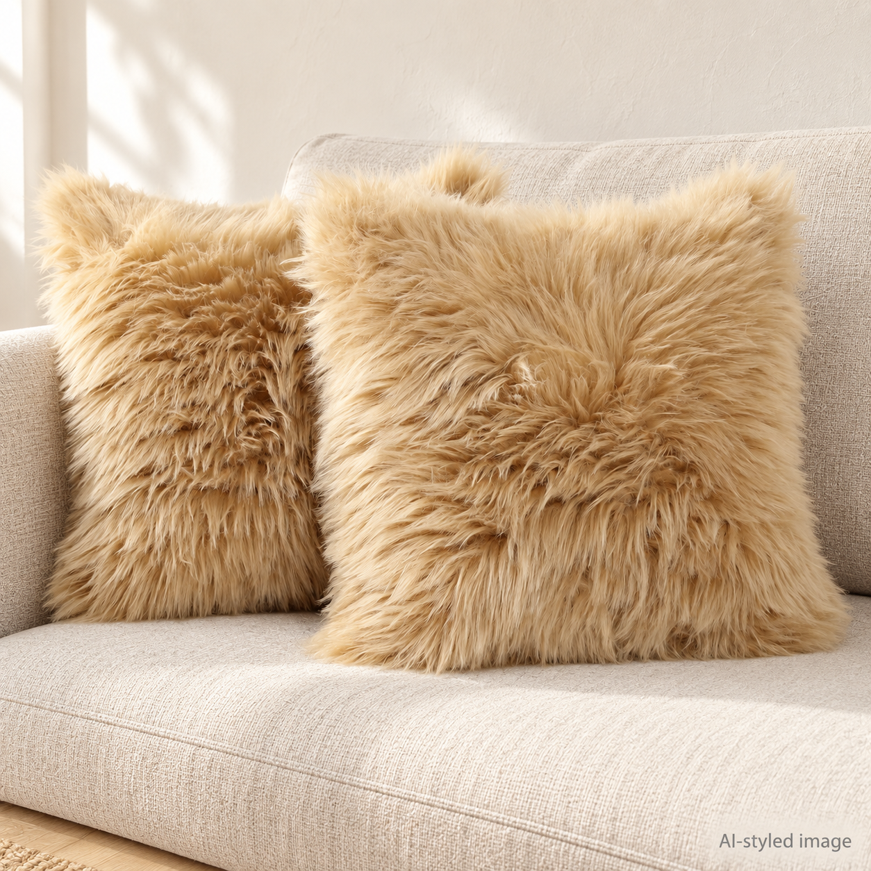 AI-styled image of Beige faux-fur cushion covers · set of two