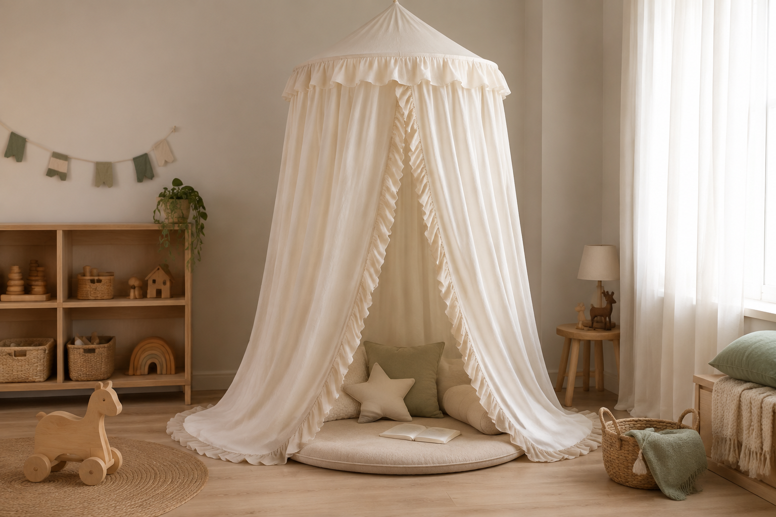 Ivory ruffled cotton canopy arranged as a children’s reading nook