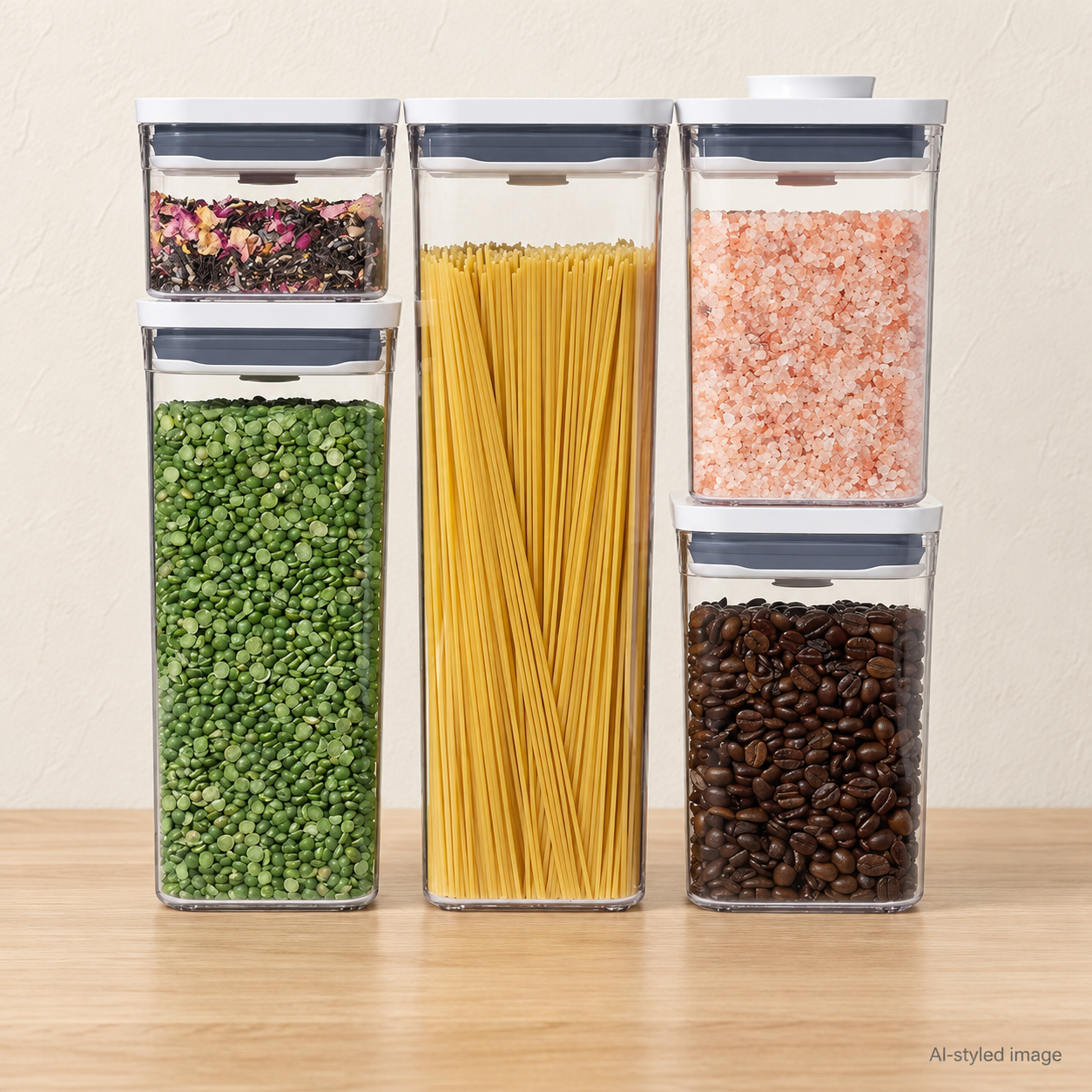 AI-styled image of the OXO five-piece POP container set with white lids and clear bodies, stacked on a pale wood counter. Food shown for styling is not included.