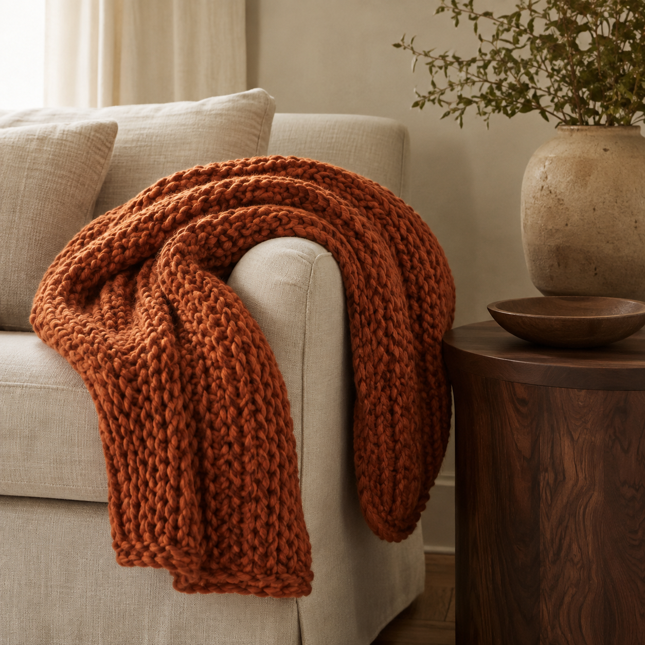 Burnt orange chunky knit throw in a warm autumn interior