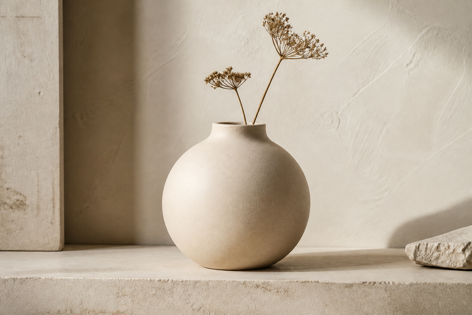 Matte beige round ceramic vase styled in a calm modern-organic interior