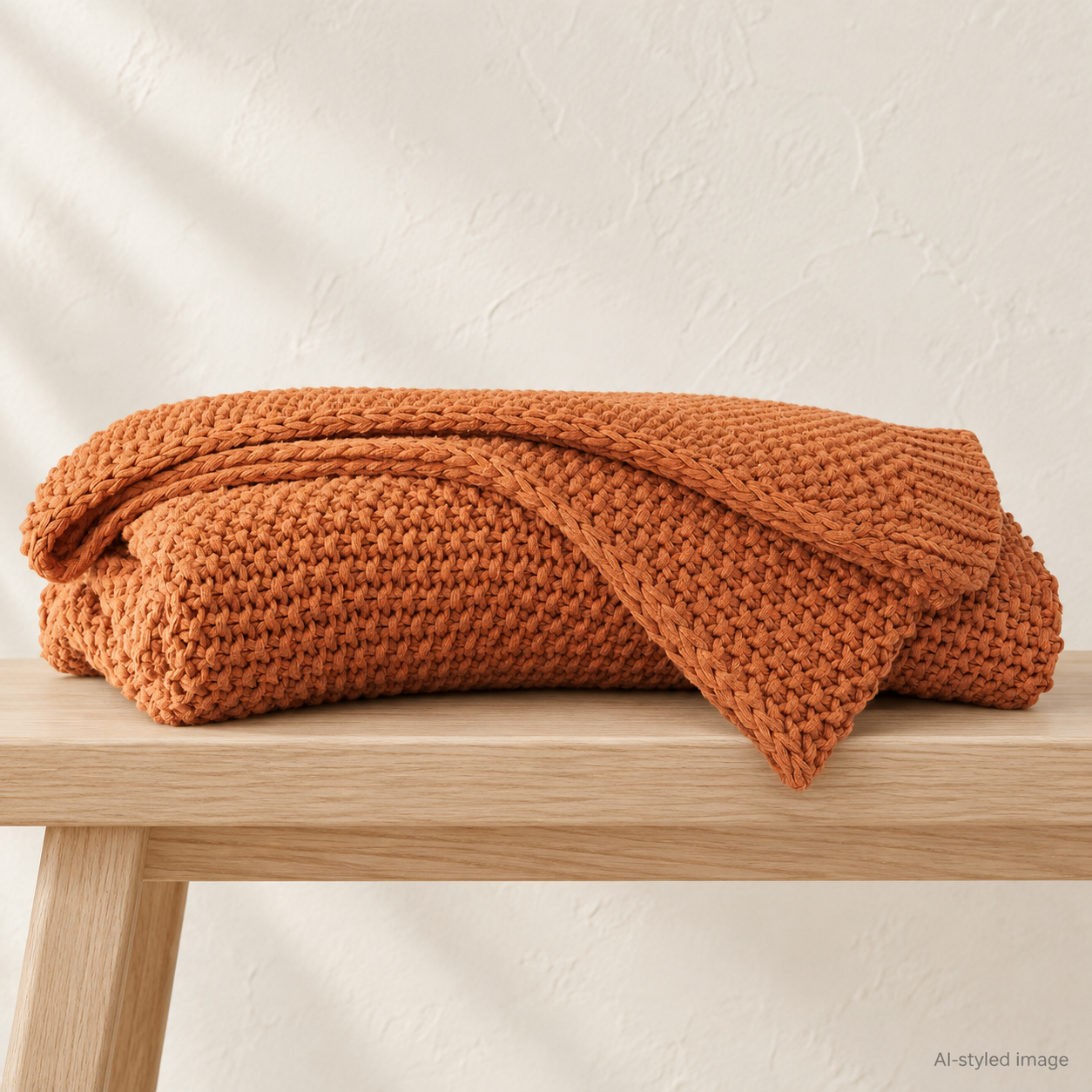 AI-styled image of a burnt-orange fine cotton knit throw with a ribbed border