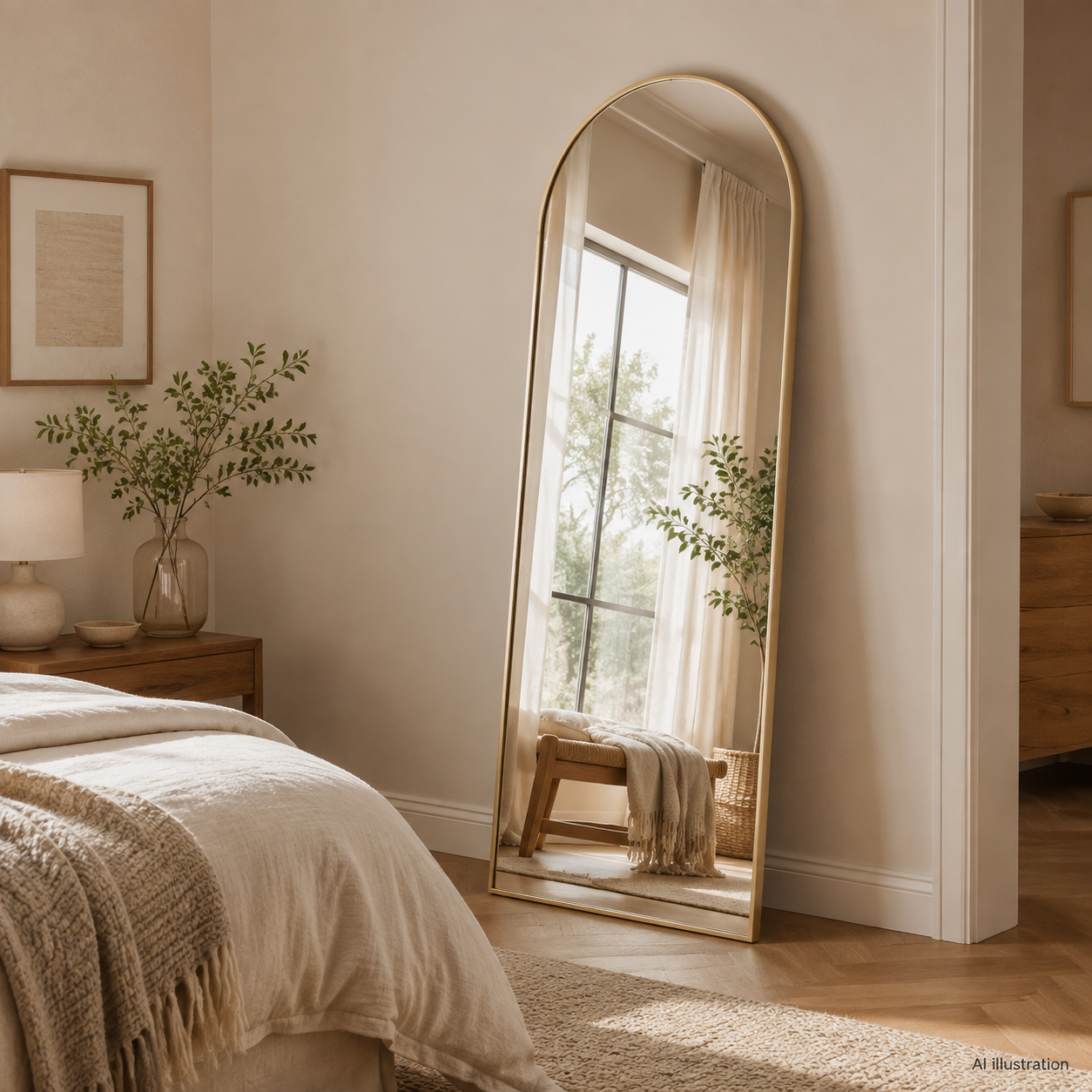 AI room inspiration with an arched mirror in a neutral adult bedroom