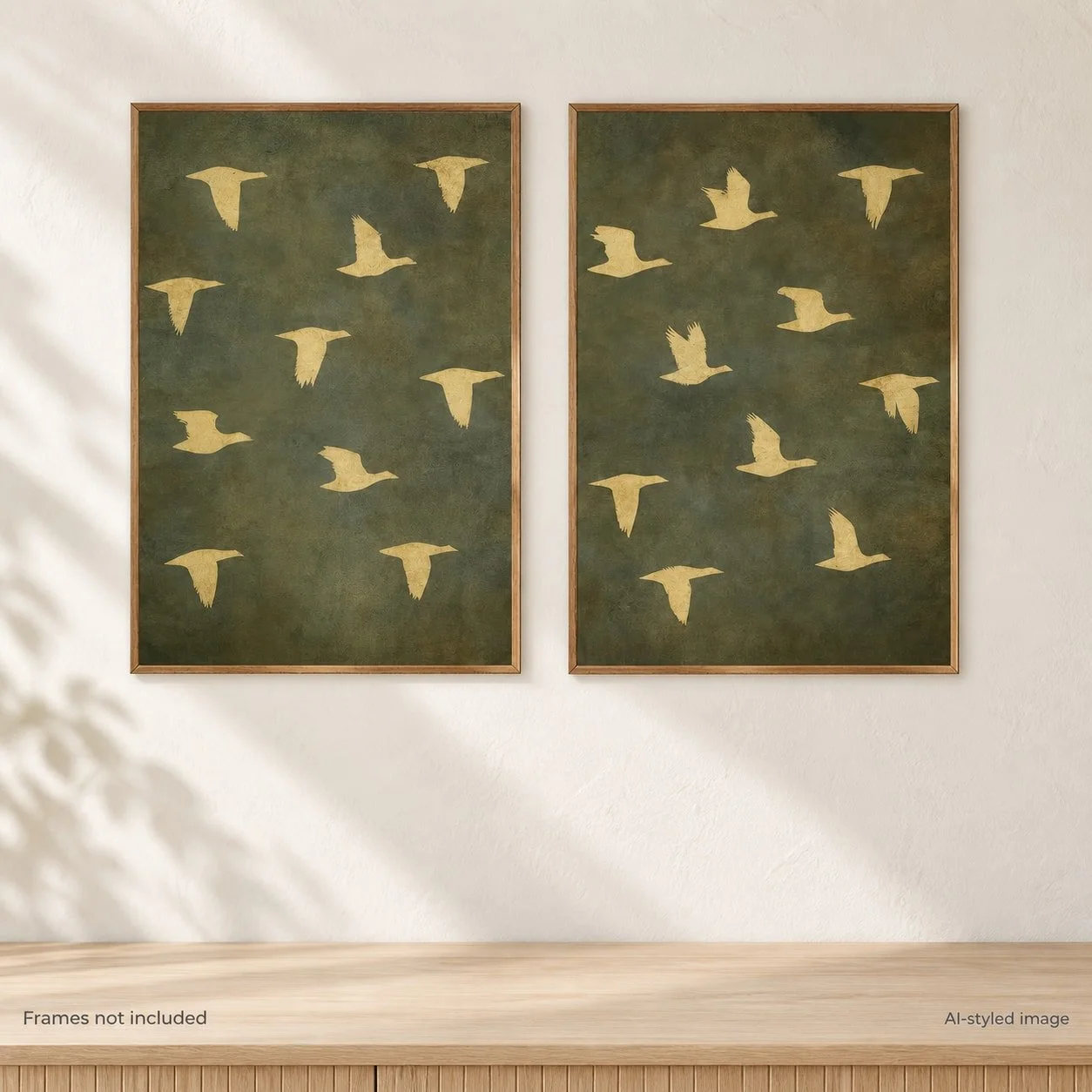 Green-and-gold bird art · unframed pair — reference-based AI-styled image
