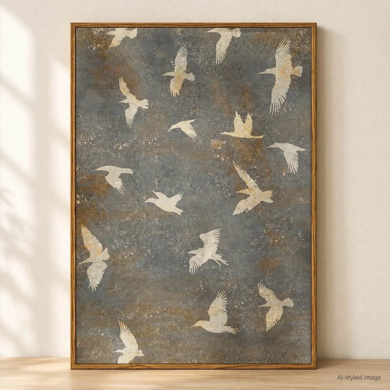 Framed gold-bird canvas wall art — reference-based AI-styled image