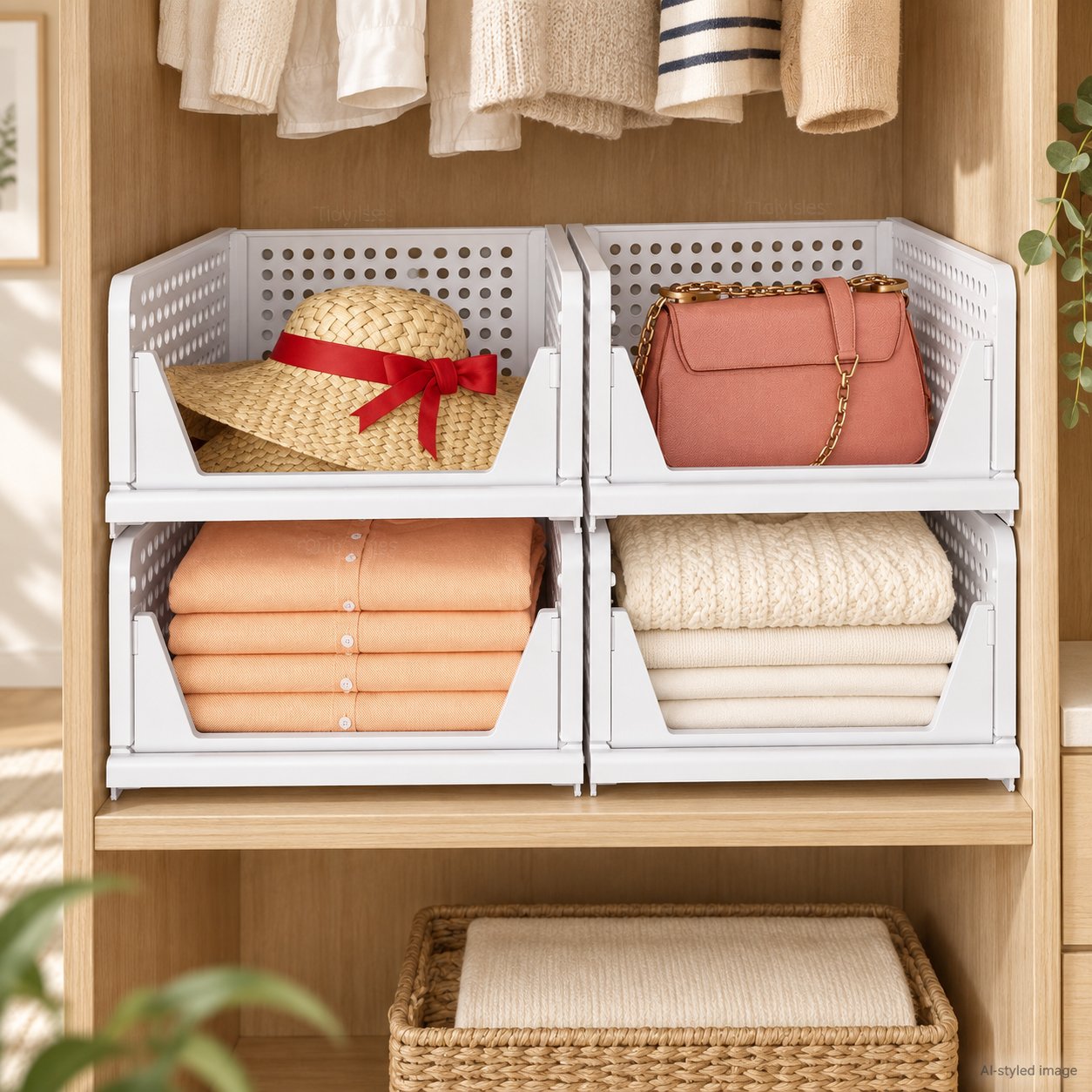 AI illustration of white stackable wardrobe organisers