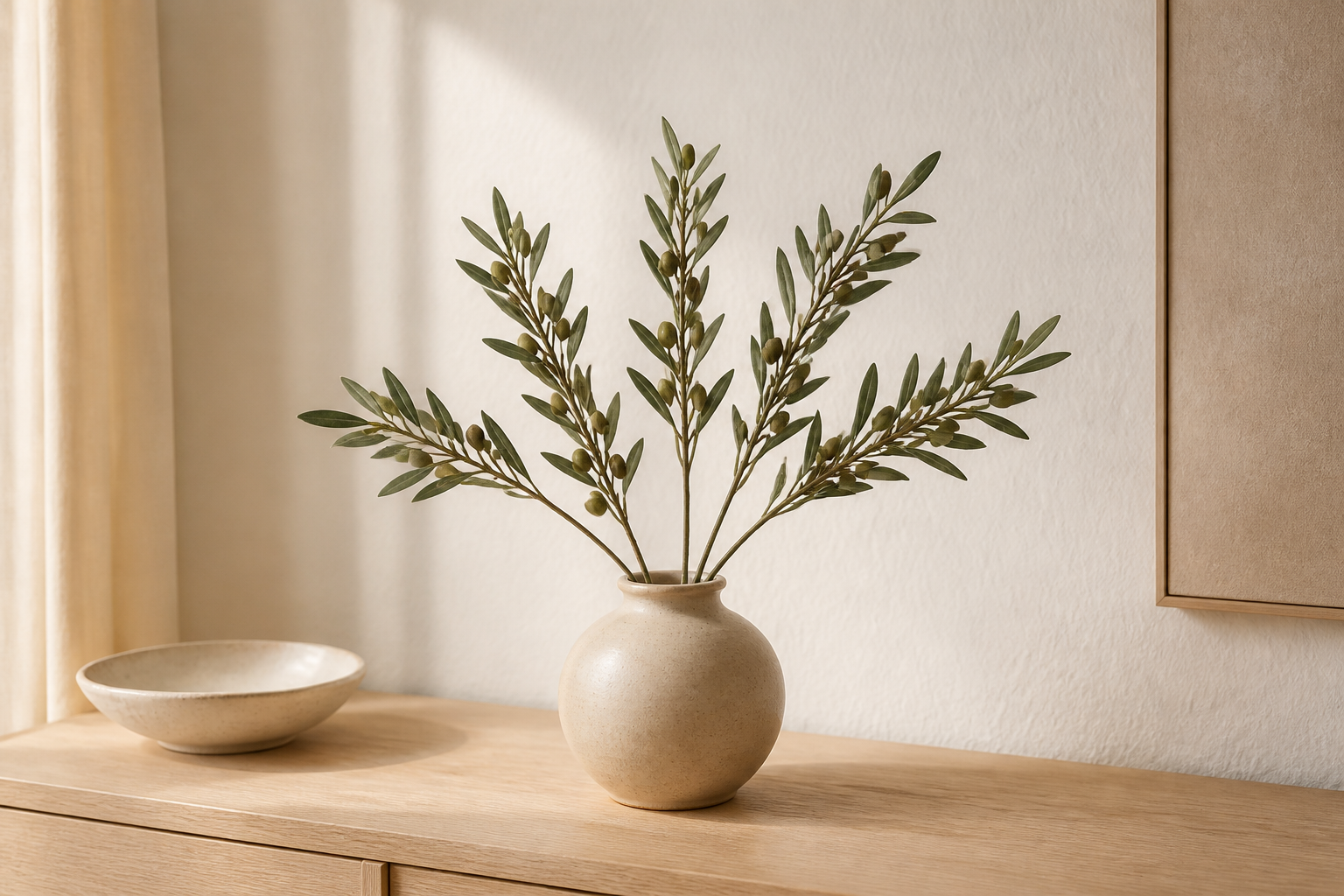 Faux olive branches · set of five styled in a warm neutral interior