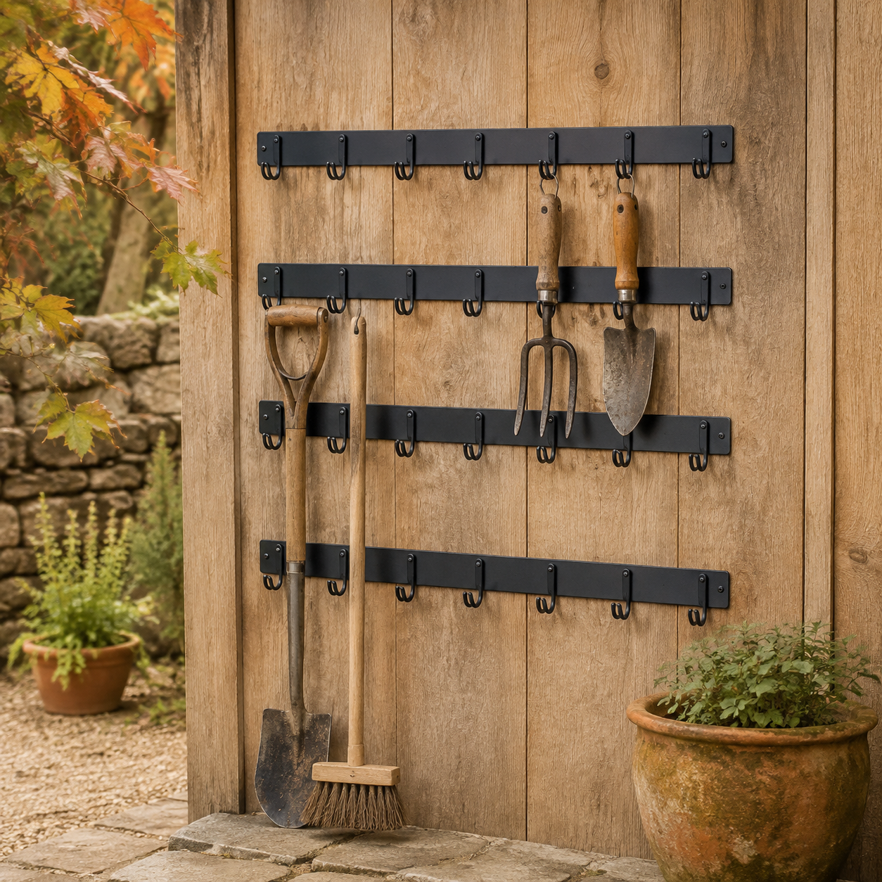 Four black wall mounted garden tool racks with hooks