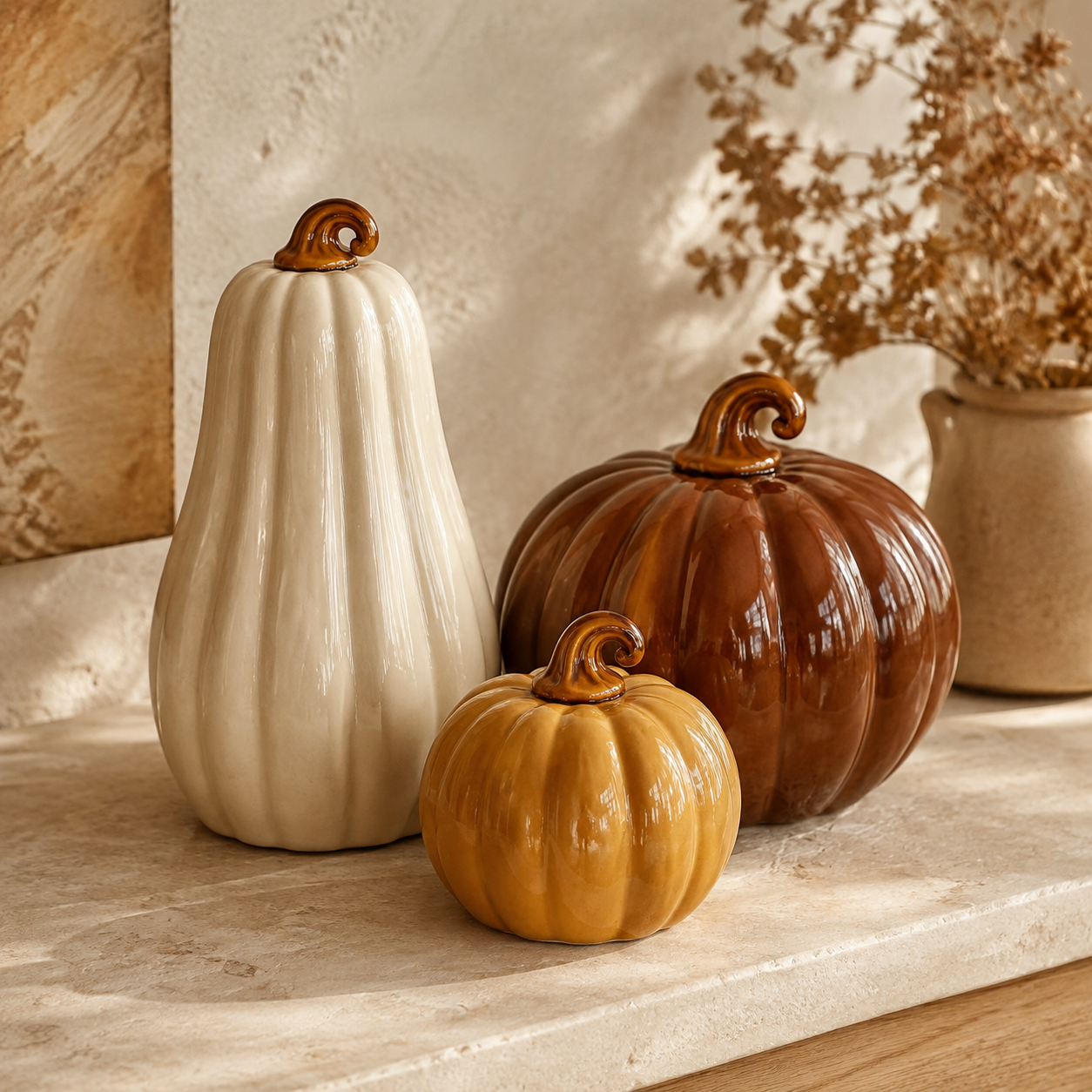 Cream ceramic pumpkin set